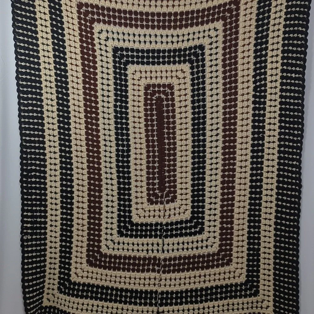 Vintage Handmade Crochet Afghan Granny Square Blanket in Black Cream Brown Cozy‎